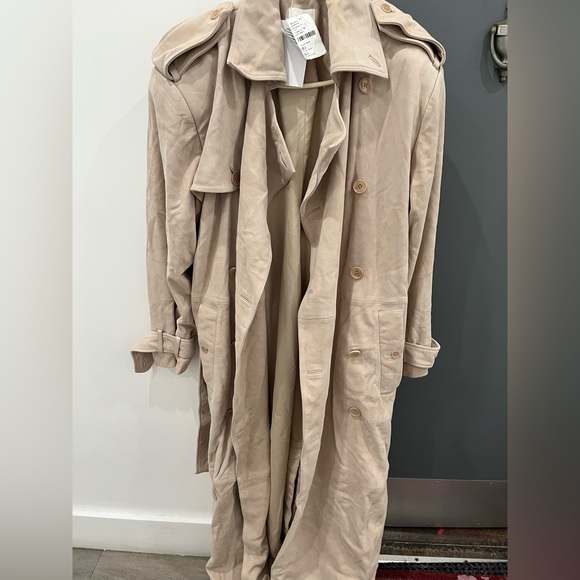 NWT Helsa 100% Genuine Suede Leather Beige Trench Coat Double Breasted size L - Picture 2 of 14